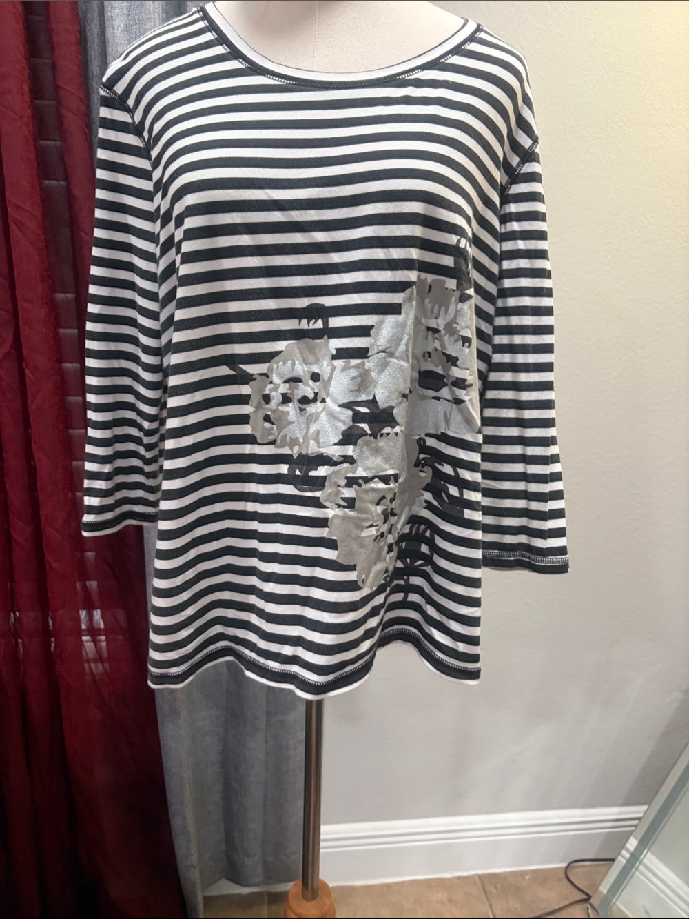 Chico's Black and White Striped Top with Silver Floral Accent